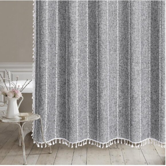 Dark Gray Linen Boho Shower Curtain with White Tassels Embroidered 72.5 x 73 NEW - Picture 15 of 15